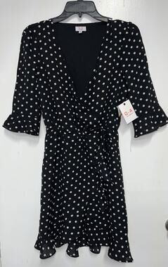 NWT Q+A Los Angeles Faux Wrap Dress Black & White Polka Dot S